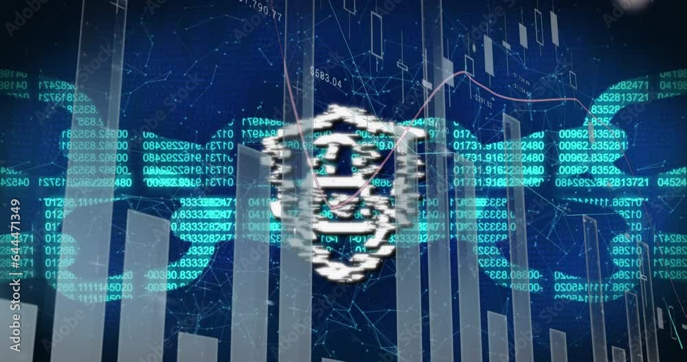 Poster animation of padlock in shield with graphs and binary codes forming chain over connected dots