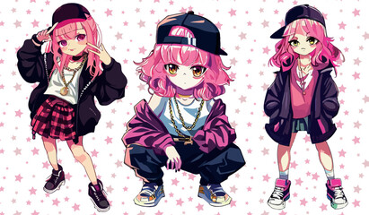 Hiphop Anime Girl Graphic Design Vector Set Tshirt Design Sticker Wall Decall