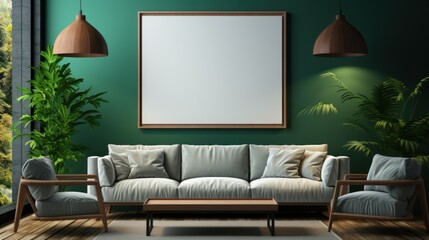 green nterior design with  sofa and mock up on the wall