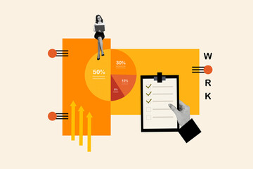 Image poster collage of successful miniature woman hold paper list show document with done tasks...