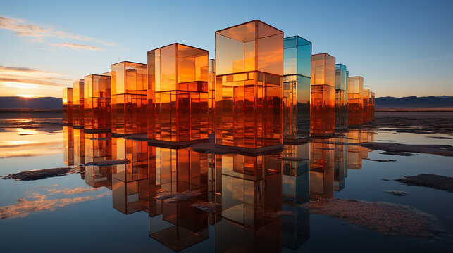 Cubic form in a mirror texture at a sunset