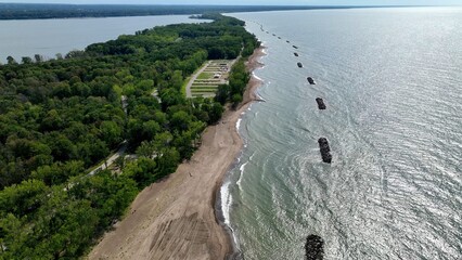 Beautiful sandy beach and coastline of barrier island on Lake Erie Pennsylvania Presque Isle State...