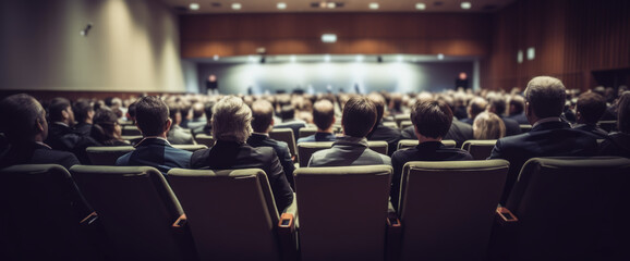 A speaker giving a lecture to an audience in an auditorium, or hall. A seminar. Hand edited generative AI. 