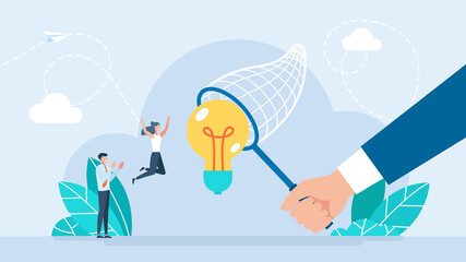 The business team is looking for an idea and catches it with a butterfly net. Businessman chasing flying light bulb. Innovations competition metaphor. Business Inspiration Concept. Flat Illustration