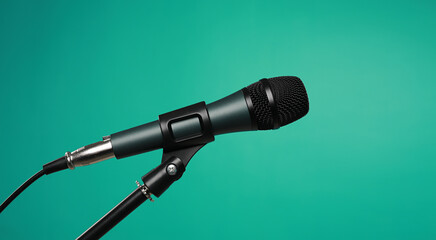 Microphone on standing isolated on green background.