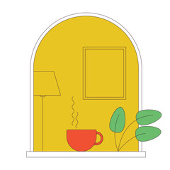 Cozy window flat line concept vector spot illustration. Hot drink cup and houseplant 2D cartoon outline object on white for web UI design. Editable isolated color hero image