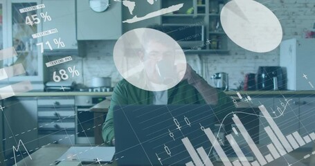 Animation of infographic interface and caucasian man drinking coffee and working over laptop at home - Powered by Adobe