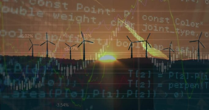 Animation of graphs and computer language over silhouette windmills spinning on land at sunset