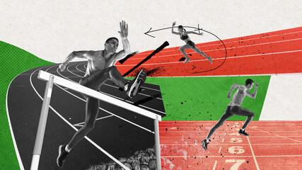 Athletic man and woman training on stadium, running, growing speed and endurance. Contemporary art collage. Concept of professional sport, game, competition, active lifestyle. Banner, flyer, ad