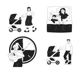 Taking care of baby monochrome concept vector spot illustrations set. Baby feeding. Walking 2D flat bw cartoon characters for web UI design. Isolated editable hand drawn hero images collection
