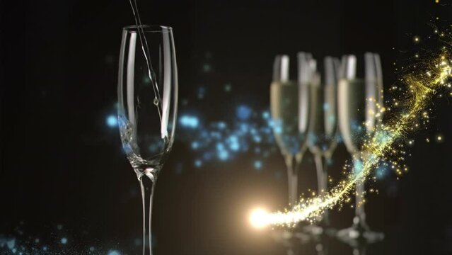 Animation of champagne pouring in glasses and light moving over black background