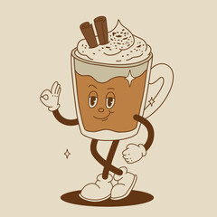 Funny Retro cartoon christmas Character in groovy 50s, 60s, 70s Vintage Style. Happy new year mascot with hot coffee, cocoa, gingerbread, cake, cupcake and cookie. Xmas vintage characters.