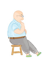 Side view of delightful old man sitting on a short wooden chair and chatting with someone at outdoor