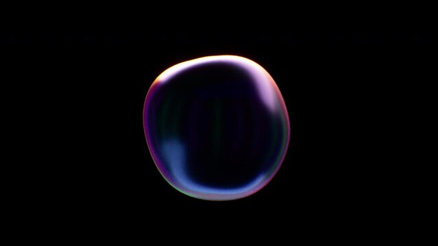 Single Soap bubble isolated flies over a black background for compositing. Seamless loop. Abstract smooth liquid shape