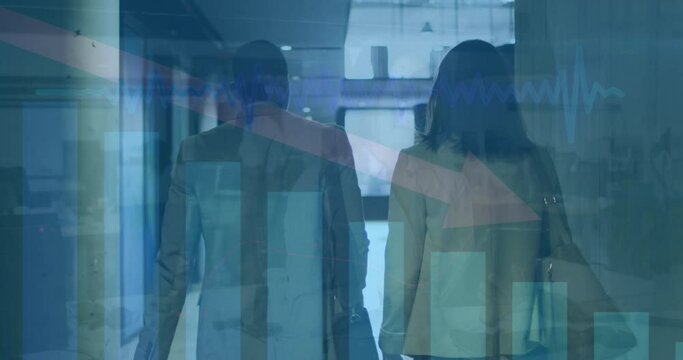 Animation of arrow on falling graph, diverse coworkers discussing while walking out of office