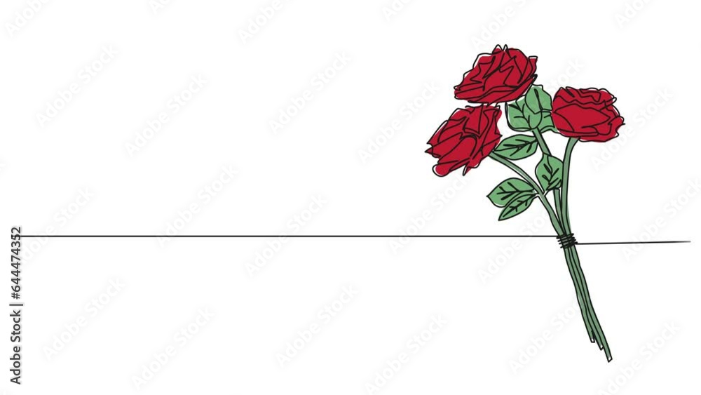 Wall mural animated colorized continuous single line drawing of small bouquet of roses, bunch of flowers line art animation