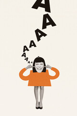 Photo vertical comics collage of funny absurd woman screaming fingers cover ears ignore problems...