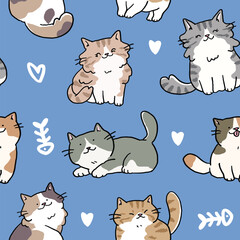 Seamless Pattern of Cute Cartoon Cat Design on Blue Background