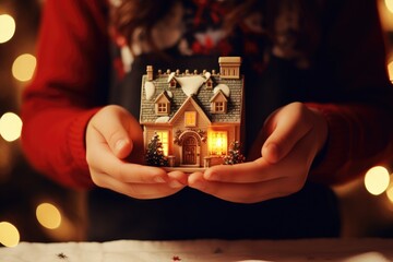 Girl holds New Year's house in her hands