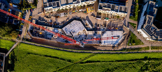 Top down aerial of real estate project new housing construction site part of urban development...