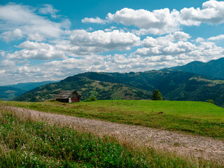 Village in Zakarpattya region with old authentic wooden houses Carpathian mountains view Ukraine, Europe. Scenic landscape green spruce trees sunny day Eco Local countryside tourism hiking Cottagecore