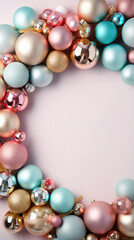 Fototapeta na wymiar christmas frame made out of christmas ball, pastel colors, background 