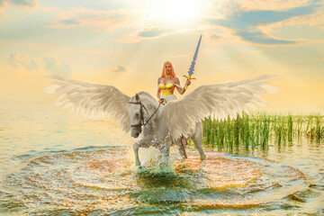 Art photo real people Fantasy woman warrior queen sits astride white horse with wings goddess girl...