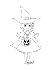 Sweet witch standing with pumpkin - isolated character, coloring book