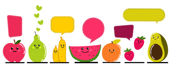 Fruits Speech Bubble concept vector isolated design, Cute fruit 2d character talking, funny fruits 