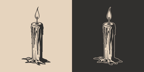 Vintage retro Halloween light candle horror element. Monochrome Graphic Art. Vector. Hand drawn element in engraving. style
