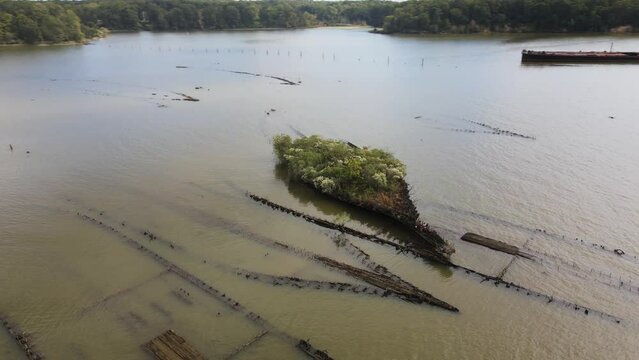 Aerial view of shipwrecks at Mallows Bay, Nanjemoy, Maryland, United States.