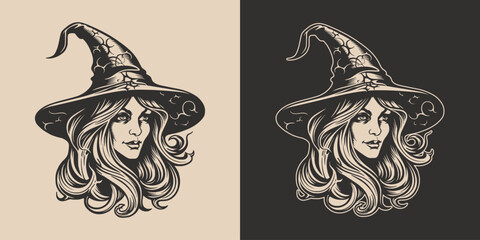 Vintage retro Halloween witch magic wisard female girl woman spooky scary horror element. Monochrome Graphic Art. Vector. Hand drawn element in engraving. style