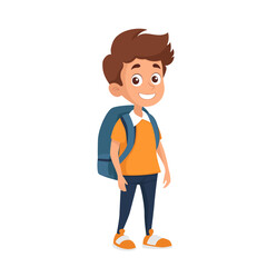 Boy with backpack going to school. Pupil cartoon character. Back to school concept. Isolated vector illustration
