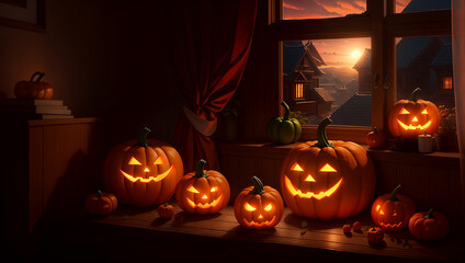 Halloween concept art image. Decorated frightening pumpkins near the window inside a spooky home