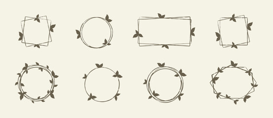 Set of round, square and rectangular frames with leaves and place for text, isolated on a beige background. Vector intertwined plant frame for holiday greeting card, wedding invitation, banner, labels