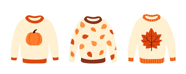 Set of autumn cute sweaters. Cozy pullover, jersey, warm clothes. Cartoon flat style. Isolated vector illustration 