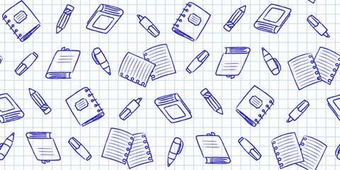 Blue outline school supplies and office stationary on a notebook sheet in a cell. Back to school endless texture, education concept. Vector seamless pattern for office supply store, giftwrap and print