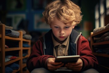 Fototapeta na wymiar Little boy looking at tablet