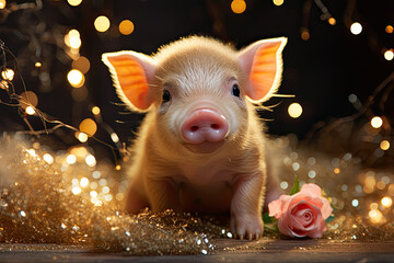 Cute pig with fairy lights and roses 