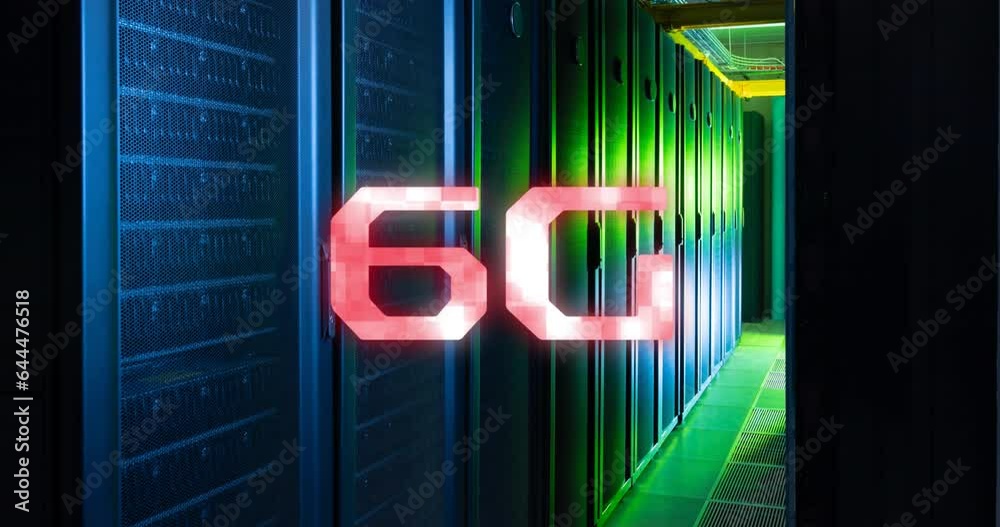Poster animation of 3d 6g text over data server system in server room