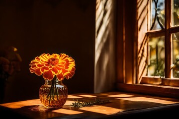 A captivating still life photograph of a marigold flower in a vintage glass vase, placed near a sunlit window - AI Generative