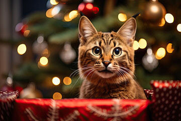 Cat near Christmas tree