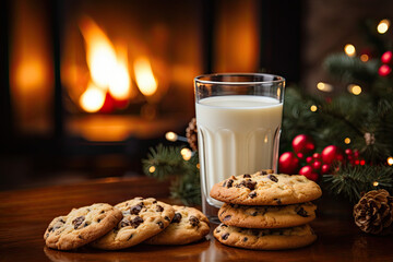 glass of milk and cookies with Christmas decorations