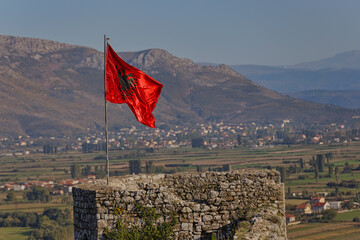 Albanian Flag Fluttering at Rozafa Fortress, Shkoder