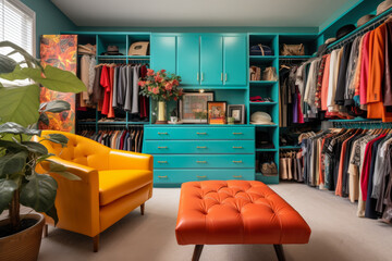 Step into the Groovy Past with a Retro 70s Style Walk-in Closet Bursting with Colorful Fashion and Vintage Vibes