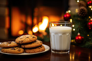 glass of milk and cookies with Christmas decorations