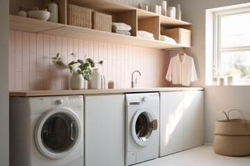 Serene Scandinavian Bohemian Laundry Room with White and Pastel Colors