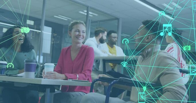 Animation of connected icons forming globes over diverse coworkers discussing while drinking coffee