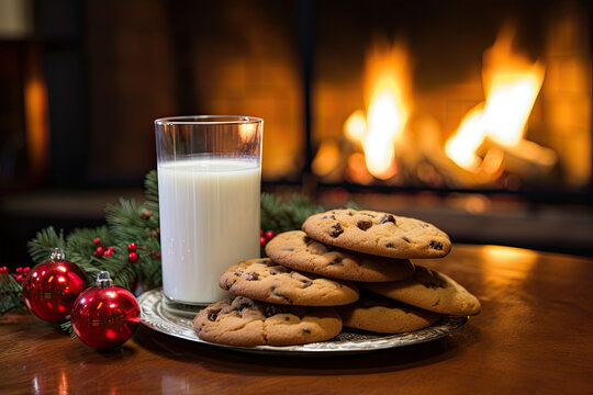 glass of milk and cookies with Christmas decorations