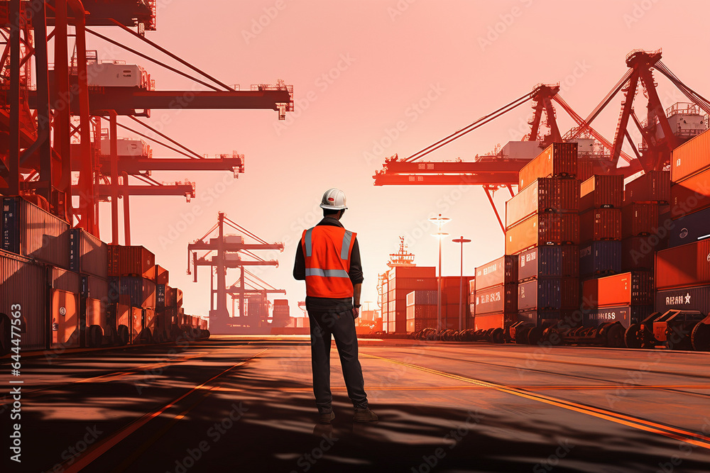 Wall mural A man in a safety vest standing in front of cargo containers